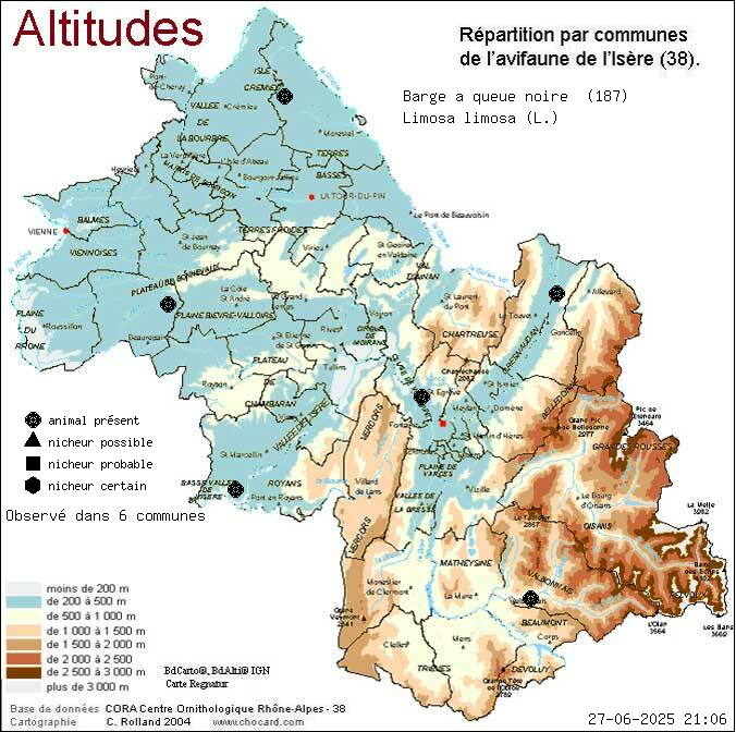 Barge  queue noire (Limosa limosa (L.)): carte de rpartition en Isre