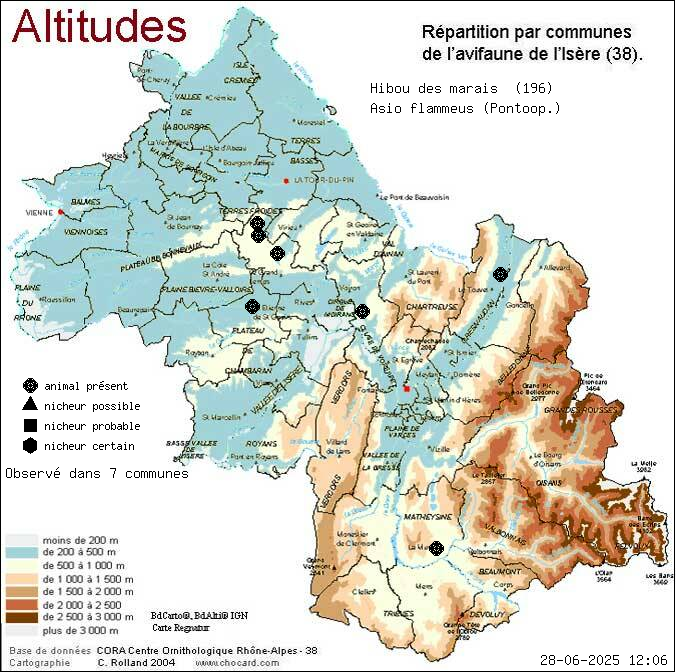 Hibou des marais (Asio flammeus (Pontoop.)): carte de rpartition en Isre