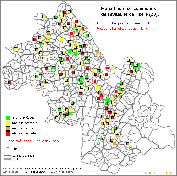 Carte de rpartition par communes en Isre d'une espce d'oiseau: Gallinule poule d eau (Gallinula chloropus (L.)) selon Communes et cantons