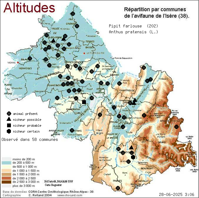 Pipit farlouse (Anthus pratensis (L.)): carte de rpartition en Isre