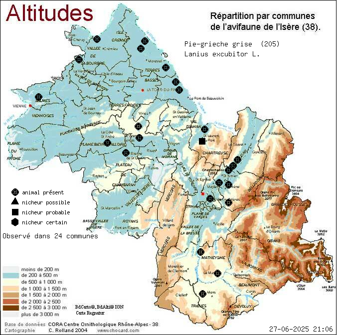 Pie-griche grise (Lanius excubitor L.): carte de rpartition en Isre