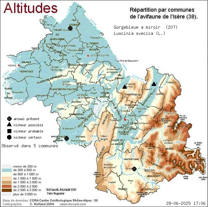 Gorgebleue  miroir (Luscinia svecica (L.)): carte de rpartition en Isre