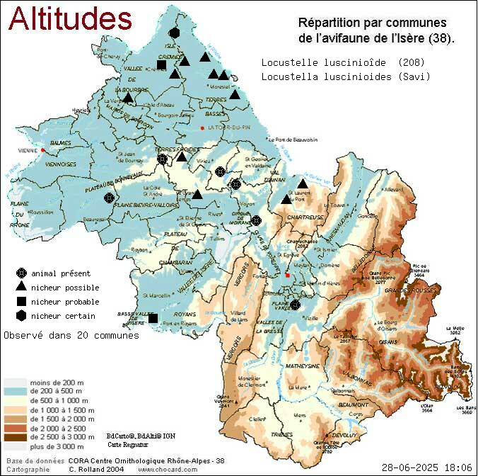 Locustelle lusciniode (Locustella luscinioides (Savi)): carte de rpartition en Isre