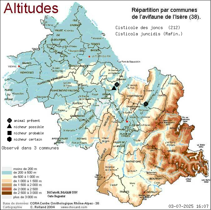 Carte de rpartition par communes en Isre d'une espce d'animal: Cisticole des joncs (Cisticola juncidis (Rafin.)) selon Altitudes