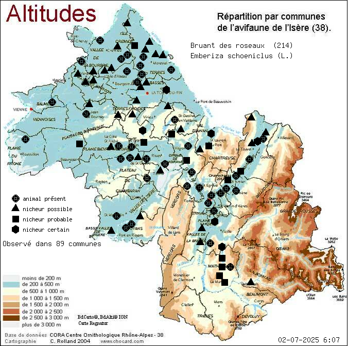 Carte de rpartition par communes en Isre d'une espce d'animal: Bruant des roseaux (Emberiza schoeniclus (L.)) selon Altitudes