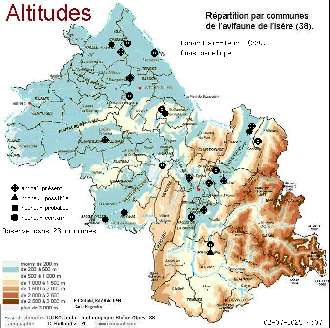 Carte de rpartition par communes en Isre d'une espce d'animal: Canard siffleur (Anas penelope) selon Altitudes