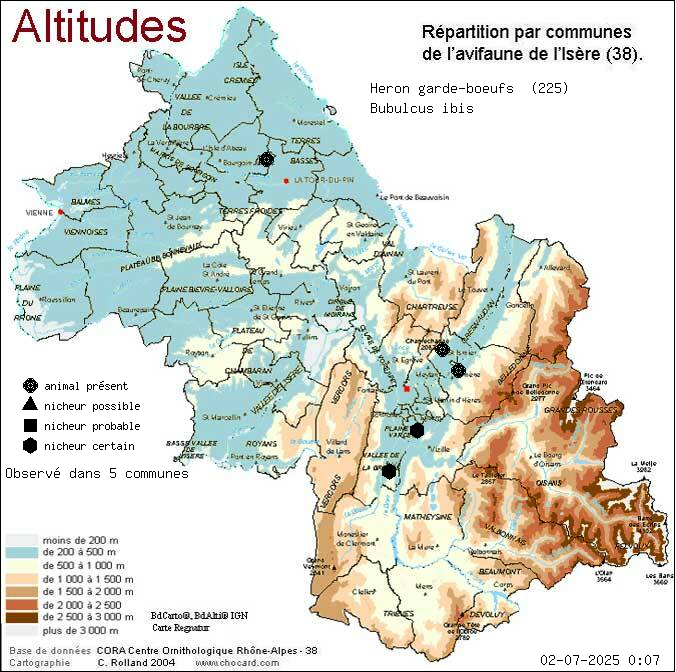 Carte de rpartition par communes en Isre d'une espce d'animal: Hron garde-boeufs (Bubulcus ibis) selon Altitudes