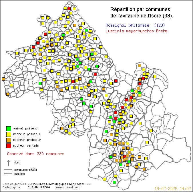 Rossignol philomle (Luscinia megarhynchos Brehm): carte de rpartition en Isre