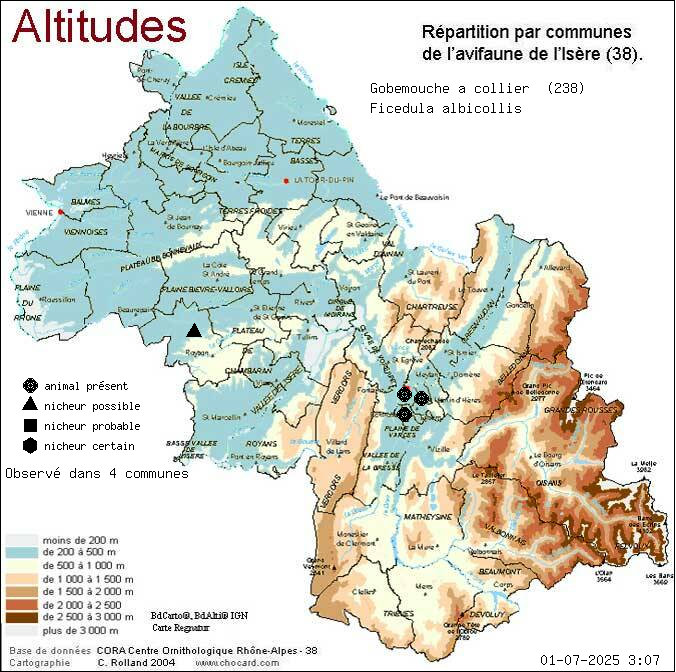 Gobemouche  collier (Ficedula albicollis): carte de rpartition en Isre