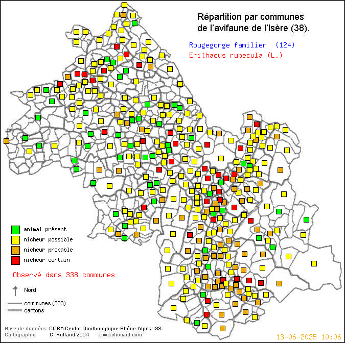 Carte de rpartition par communes en Isre d'une espce d'oiseau: Rougegorge familier (Erithacus rubecula (L.)) selon Communes et cantons