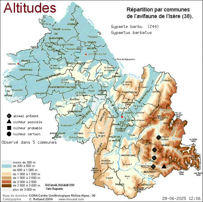 Gypate barbu (Gypaetus barbatus): carte de rpartition en Isre