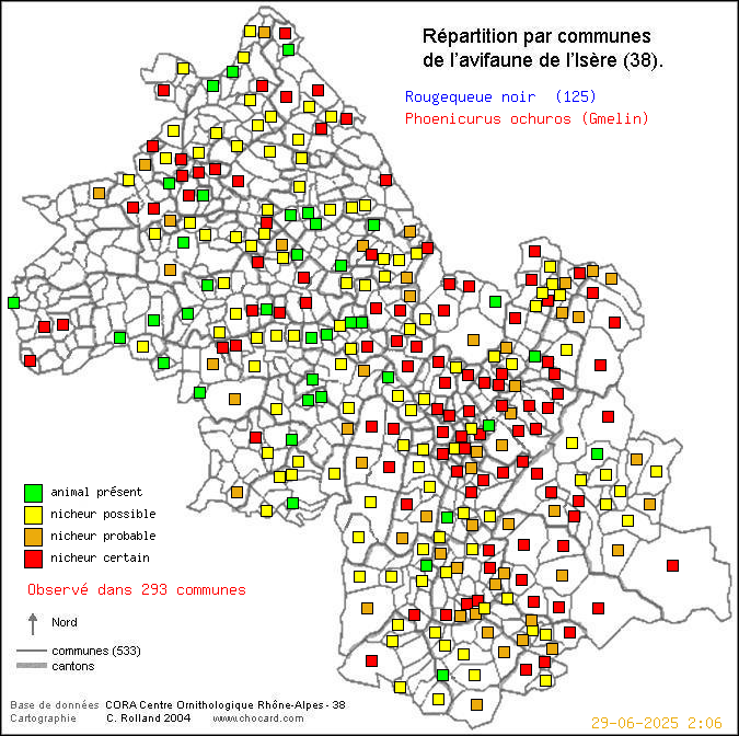 Rougequeue noir (Phoenicurus ochuros (Gmelin)): carte de rpartition en Isre