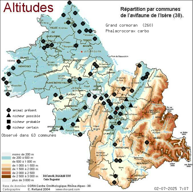 Grand cormoran (Phalacrocorax carbo): carte de rpartition en Isre