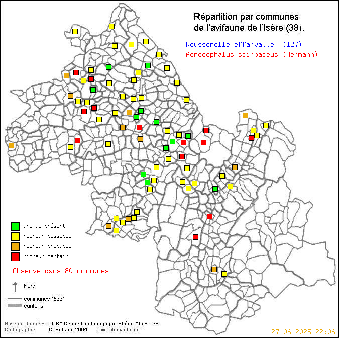 Carte de rpartition par communes en Isre d'une espce d'oiseau: Rousserolle effarvatte (Acrocephalus scirpaceus (Hermann)) selon Communes et cantons