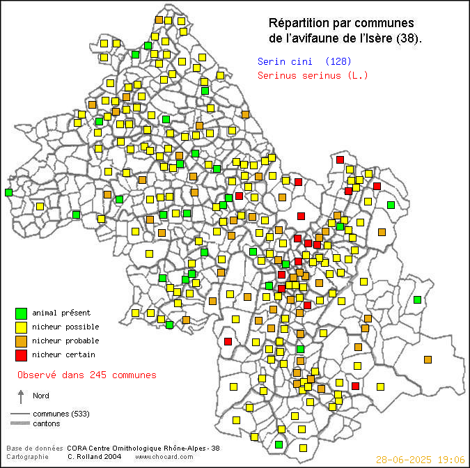 Carte de rpartition par communes en Isre d'une espce d'oiseau: Serin cini (Serinus serinus (L.)) selon Communes et cantons