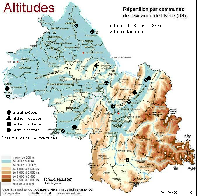 Carte de rpartition par communes en Isre d'une espce d'animal: Tadorne de Belon (Tadorna tadorna) selon Altitudes