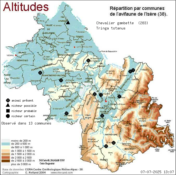 Carte de rpartition par communes en Isre d'une espce d'animal: Chevalier gambette (Tringa totanus) selon Altitudes