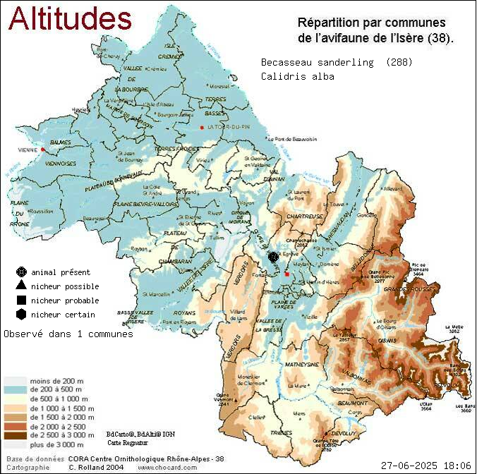 Carte de rpartition par communes en Isre d'une espce d'animal: Bcasseau sanderling (Calidris alba) selon Altitudes