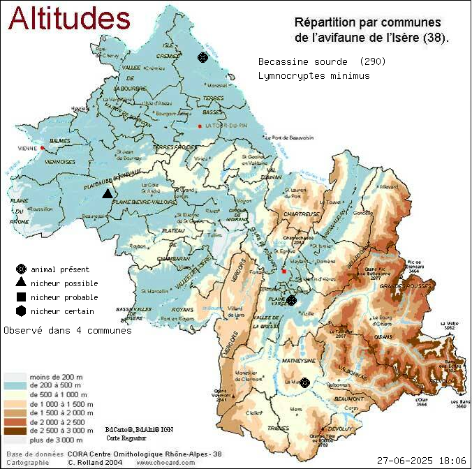 Carte de rpartition par communes en Isre d'une espce d'animal: Bcassine sourde (Lymnocryptes minimus) selon Altitudes