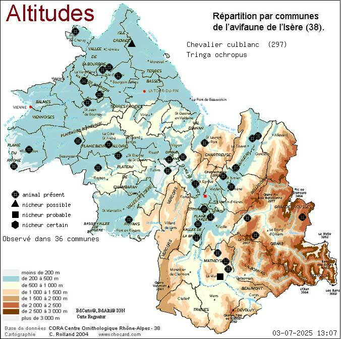 Chevalier culblanc (Tringa ochropus): carte de rpartition en Isre