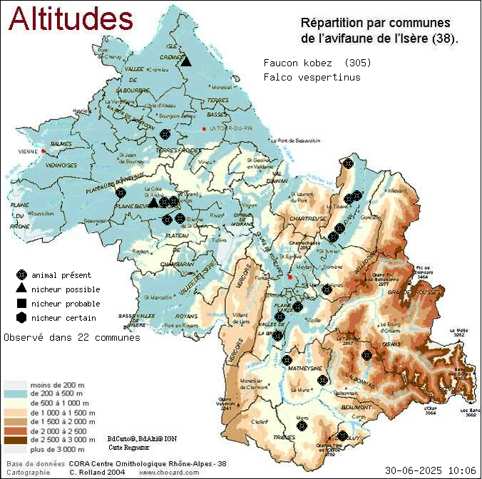 Faucon kobez (Falco vespertinus): carte de rpartition en Isre