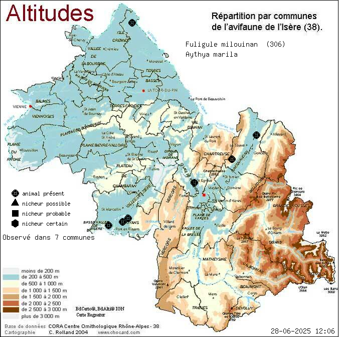 Fuligule milouinan (Aythya marila): carte de rpartition en Isre