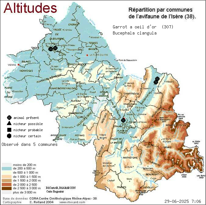 Garrot  oeil d or (Bucephala clangula): carte de rpartition en Isre