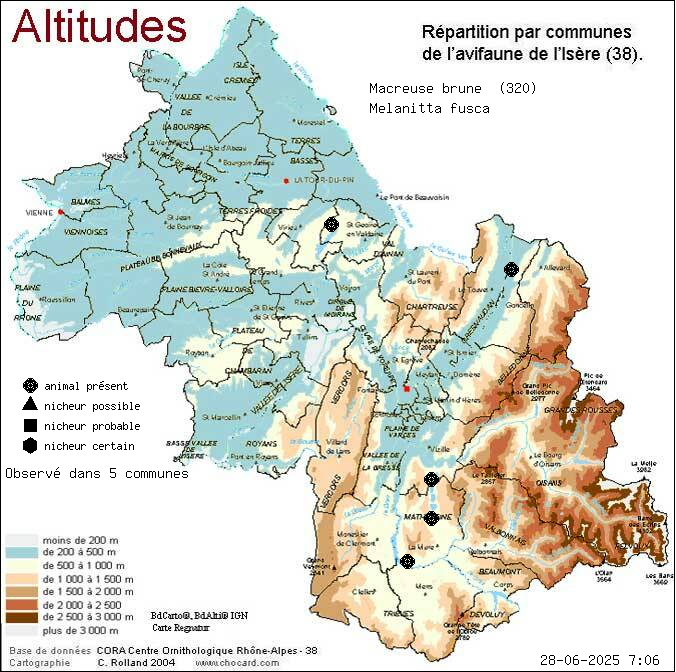 Macreuse brune (Melanitta fusca): carte de rpartition en Isre