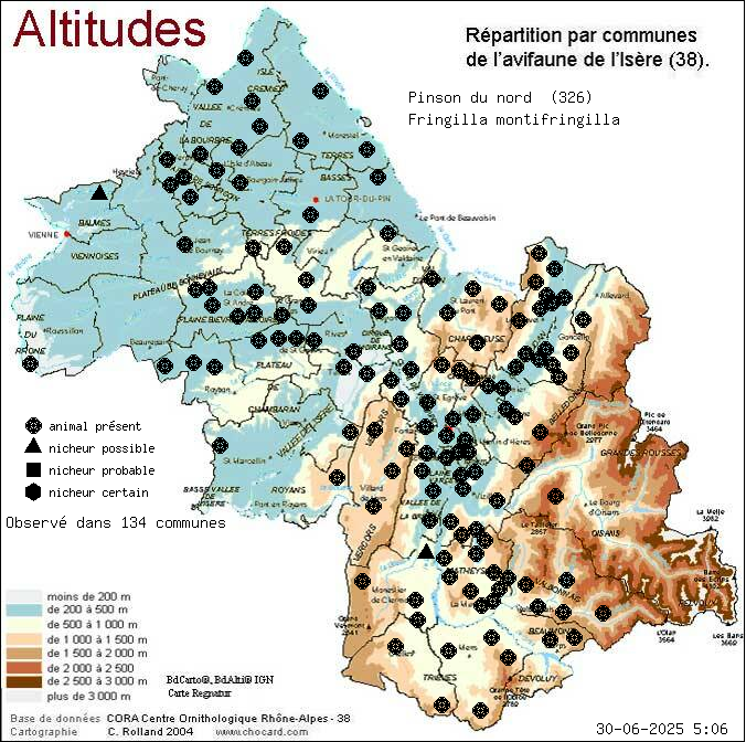 Pinson du nord (Fringilla montifringilla): carte de rpartition en Isre