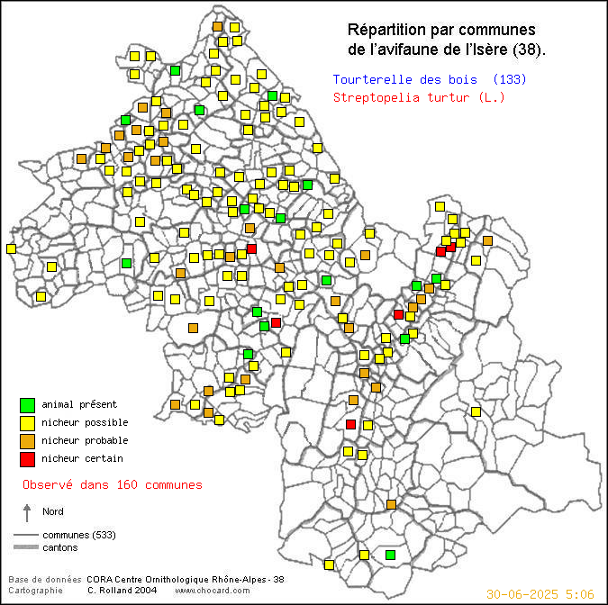 Tourterelle des bois (Streptopelia turtur (L.)): carte de rpartition en Isre