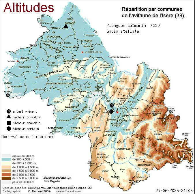 Plongeon catmarin (Gavia stellata): carte de rpartition en Isre