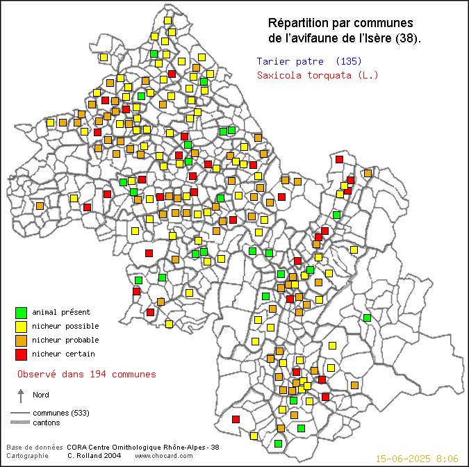 Carte de rpartition par communes en Isre d'une espce d'oiseau: Tarier ptre (Saxicola torquata (L.)) selon Communes et cantons