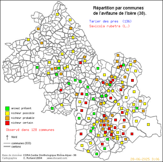 Carte de rpartition par communes en Isre d'une espce d'oiseau: Tarier des prs (Saxicola rubetra (L.)) selon Communes et cantons