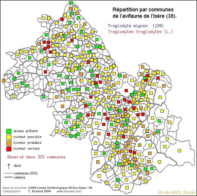 Troglodyte mignon (Troglodytes troglodytes (L.)): carte de rpartition en Isre