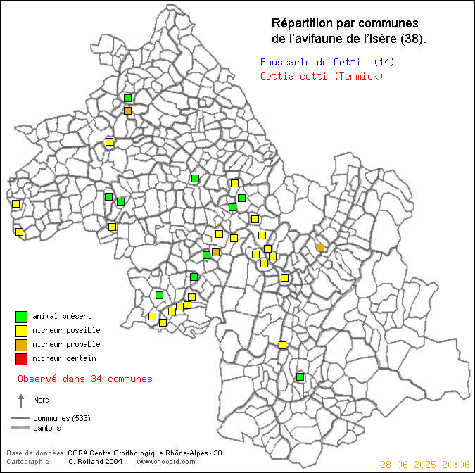 Carte de rpartition par communes en Isre d'une espce d'oiseau: Bouscarle de Cetti (Cettia cetti (Temmick)) selon Communes et cantons