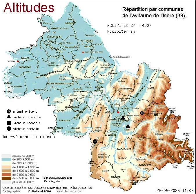 Carte de rpartition par communes en Isre d'une espce d'animal: ACCIPITER SP (Accipiter sp) selon Altitudes