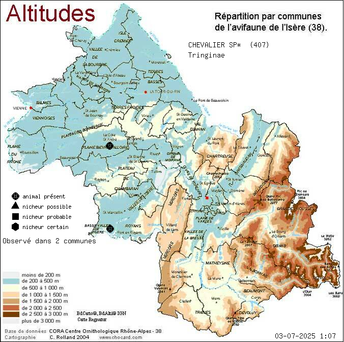 Carte de rpartition par communes en Isre d'une espce d'animal: CHEVALIER SP* (Tringinae) selon Altitudes