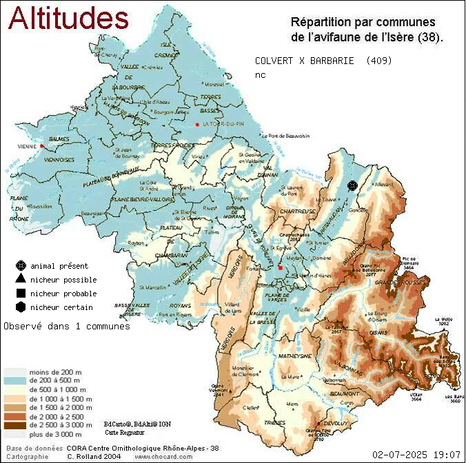 Carte de rpartition par communes en Isre d'une espce d'animal: COLVERT X BARBARIE (nc) selon Altitudes