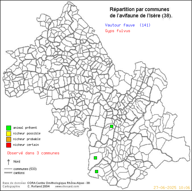 Carte de rpartition par communes en Isre d'une espce d'oiseau: Vautour fauve (Gyps fulvus) selon Communes et cantons