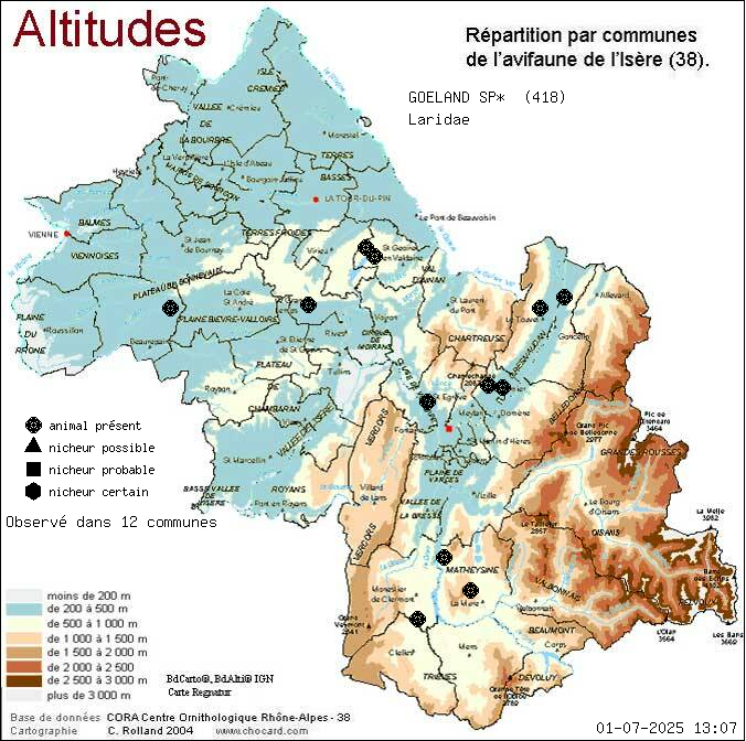 Carte de rpartition par communes en Isre d'une espce d'animal: GOELAND SP* (Laridae) selon Altitudes