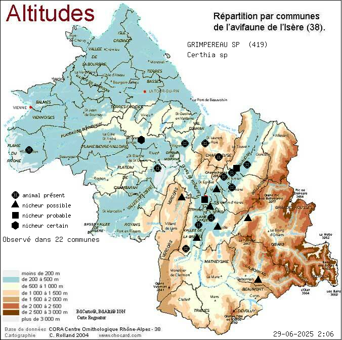 Carte de rpartition par communes en Isre d'une espce d'animal: GRIMPEREAU SP (Certhia sp) selon Altitudes