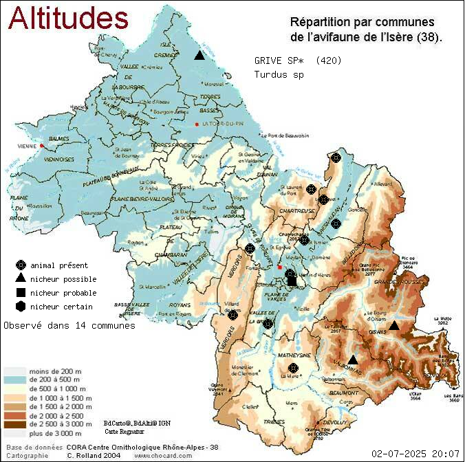 Carte de rpartition par communes en Isre d'une espce d'animal: GRIVE SP* (Turdus sp) selon Altitudes