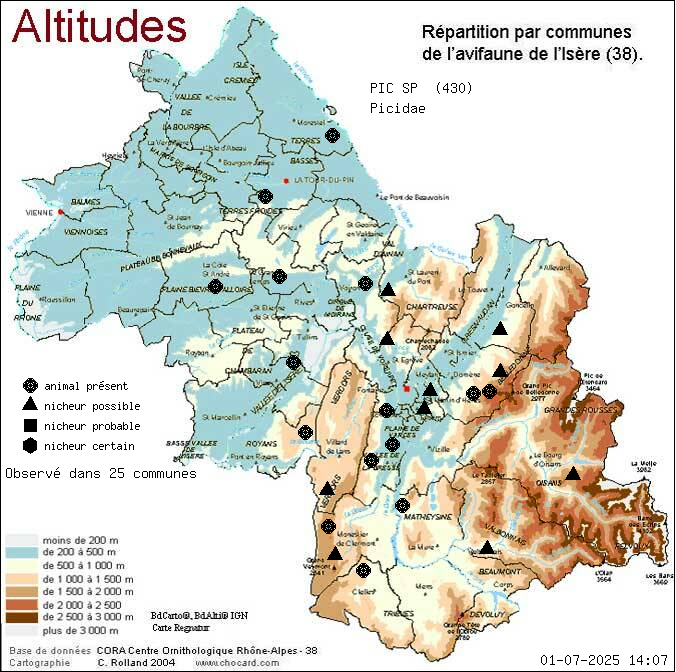 Carte de rpartition par communes en Isre d'une espce d'animal: PIC SP (Picidae) selon Altitudes