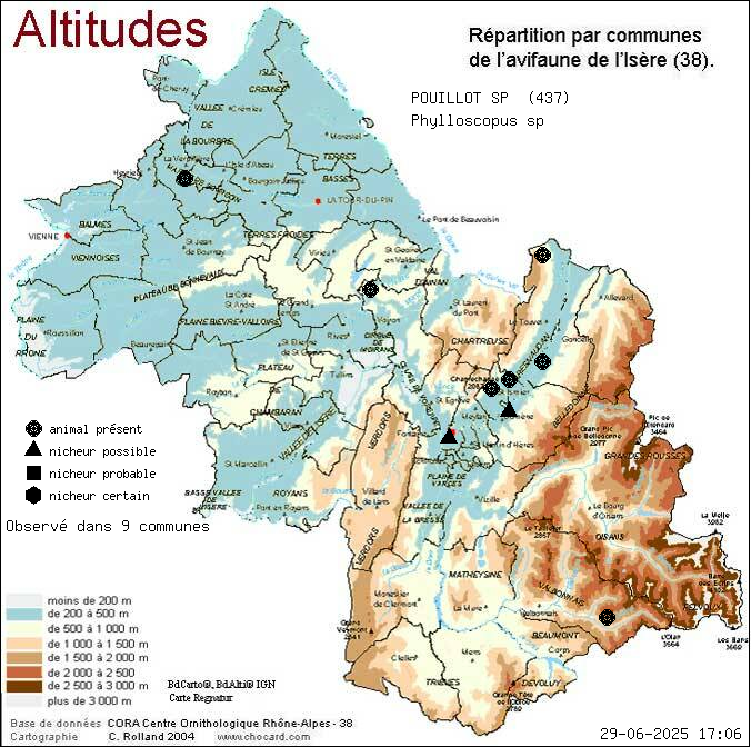 Carte de rpartition par communes en Isre d'une espce d'animal: POUILLOT SP (Phylloscopus sp) selon Altitudes