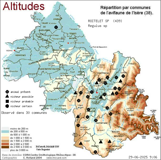 Carte de rpartition par communes en Isre d'une espce d'animal: ROITELET SP (Regulus sp) selon Altitudes
