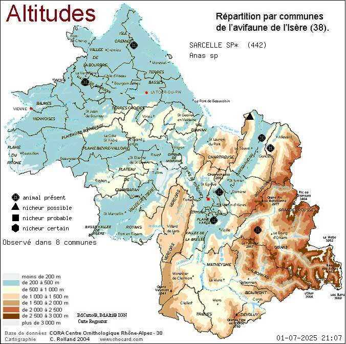 Carte de rpartition par communes en Isre d'une espce d'animal: SARCELLE SP* (Anas sp) selon Altitudes