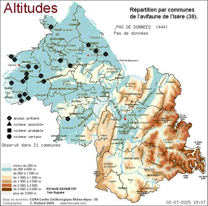 Carte de rpartition par communes en Isre d'une espce d'animal: _PAS DE DONNEES (Pas de donnes) selon Altitudes
