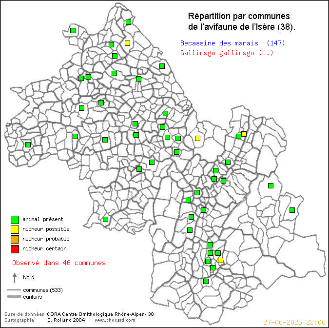 Bcassine des marais (Gallinago gallinago (L.)): carte de rpartition en Isre