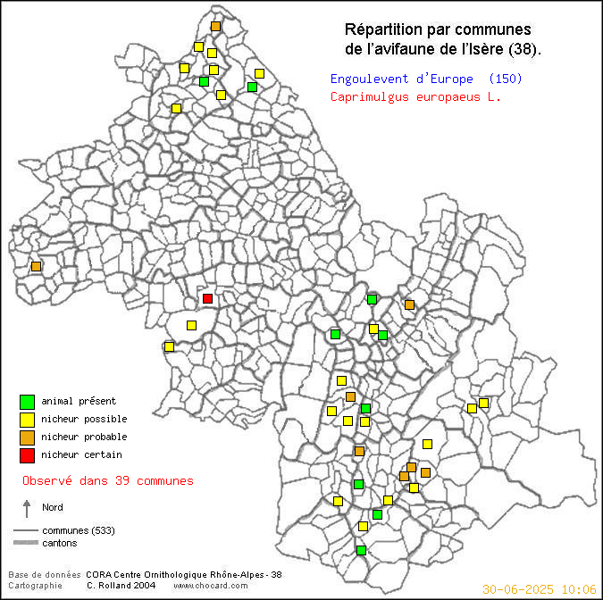 Carte de rpartition par communes en Isre d'une espce d'oiseau: Engoulevent d Europe (Caprimulgus europaeus L.) selon Communes et cantons