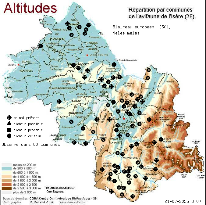 Carte de rpartition par communes en Isre d'une espce d'animal: Blaireau europen (Meles meles) selon Altitudes